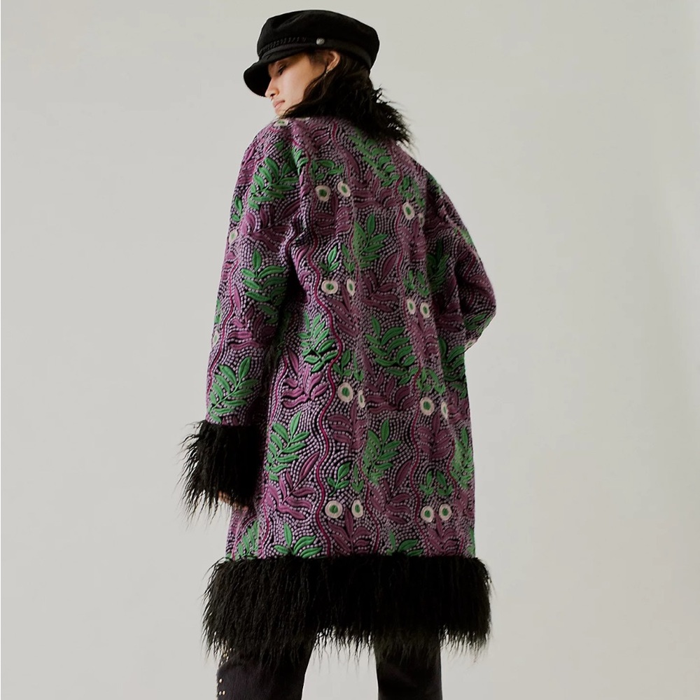 Anna Sui x Free People Coat-Stylish Purple and Green Women's Coat w/ Faux Fur
